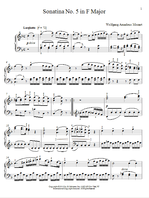 Learn to play Wolfgang Amadeus Mozart Sonatina No. 5 In F Major sheet music for Piano in minutes. Wolfgang Amadeus Mozart Sonatina No. 5 In F Major sheet music notes and chords. Download Printable PDF.