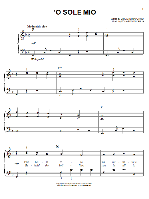Learn to play Giovanni Capurro 'O Sole Mio sheet music for Easy Piano in minutes. Giovanni Capurro 'O Sole Mio sheet music notes and chords. Download Printable PDF.