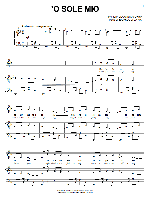 Learn to play Giovanni Capurro 'O Sole Mio sheet music for Piano & Vocal in minutes. Giovanni Capurro 'O Sole Mio sheet music notes and chords. Download Printable PDF.