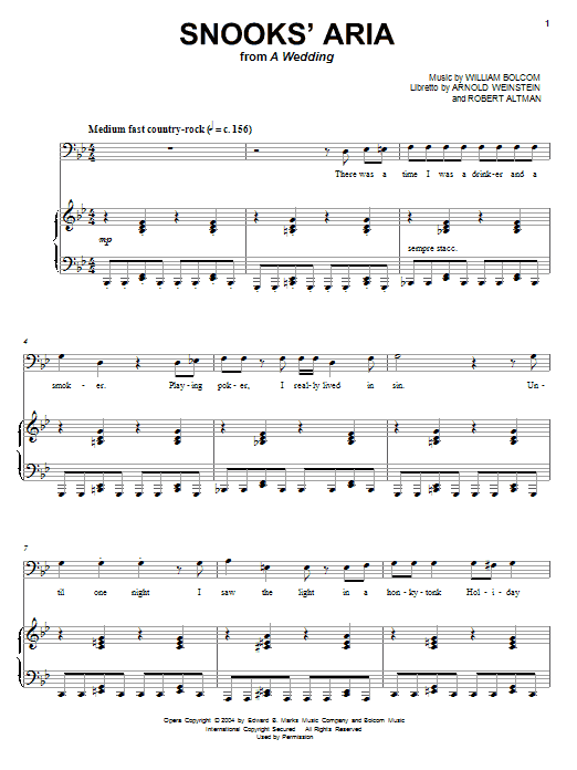 Learn to play William Bolcom Snooks' Aria sheet music for Piano & Vocal in minutes. William Bolcom Snooks' Aria sheet music notes and chords. Download Printable PDF.