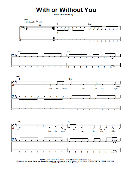U2 With Or Without You Sheet Music Notes Chords Bass Guitar Tab Download Rock 88864 Pdf