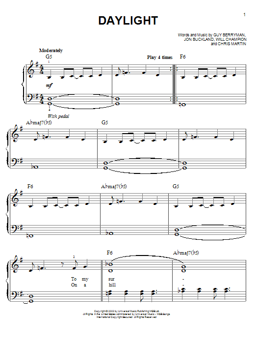 Learn to play Coldplay Daylight sheet music for Easy Piano in minutes. Coldplay Daylight sheet music notes and chords. Download Printable PDF.