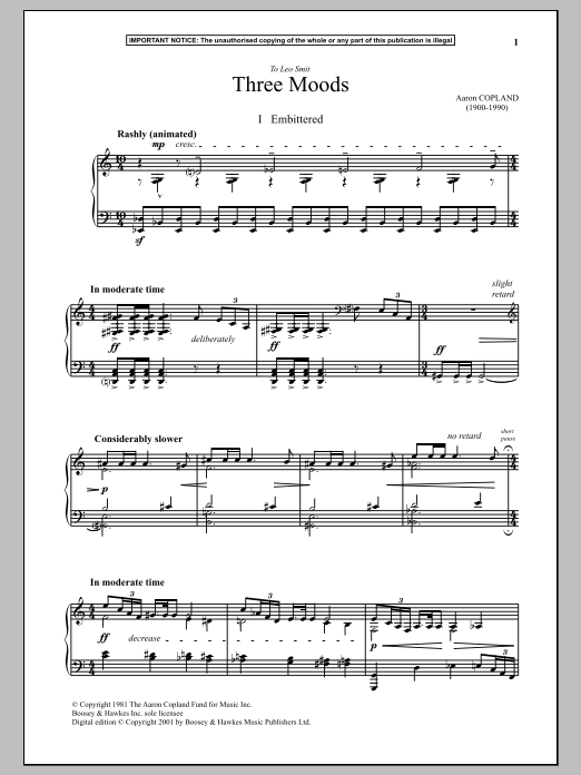Learn to play Aaron Copland Three Moods (Embittered) sheet music for Piano in minutes. Aaron Copland Three Moods (Embittered) sheet music notes and chords. Download Printable PDF.