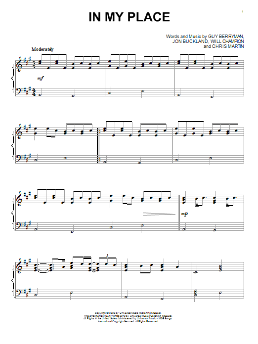 Learn to play Coldplay In My Place sheet music for Piano in minutes. Coldplay In My Place sheet music notes and chords. Download Printable PDF.