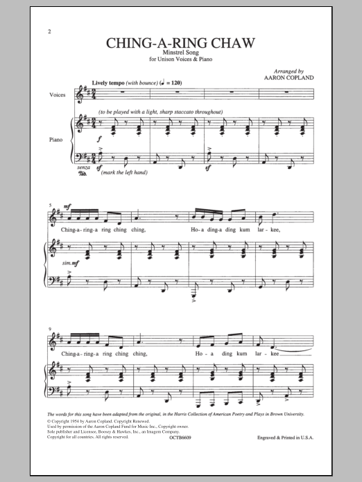 Learn to play Aaron Copland Ching-A-Ring Chaw sheet music for Unison Choral in minutes. Aaron Copland Ching-A-Ring Chaw sheet music notes and chords. Download Printable PDF.