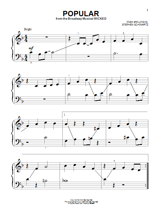 Learn to play Stephen Schwartz Popular (from Wicked) sheet music for Piano (Big Notes) in minutes. Stephen Schwartz Popular (from Wicked) sheet music notes and chords. Download Printable PDF.