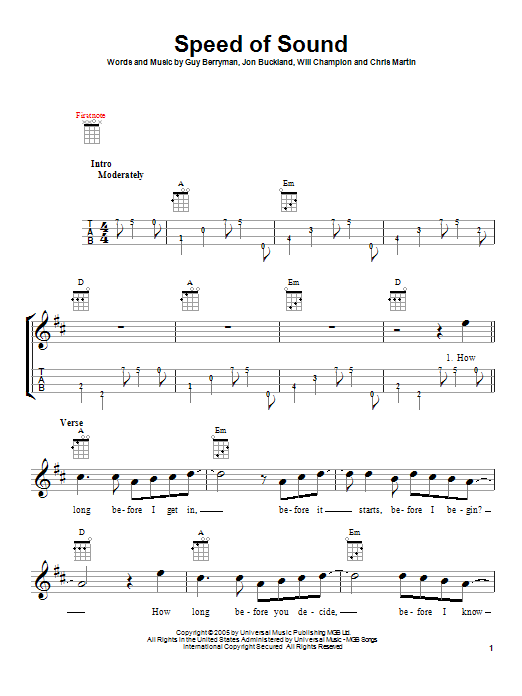 Learn to play Coldplay Speed Of Sound sheet music for Ukulele in minutes. Coldplay Speed Of Sound sheet music notes and chords. Download Printable PDF.
