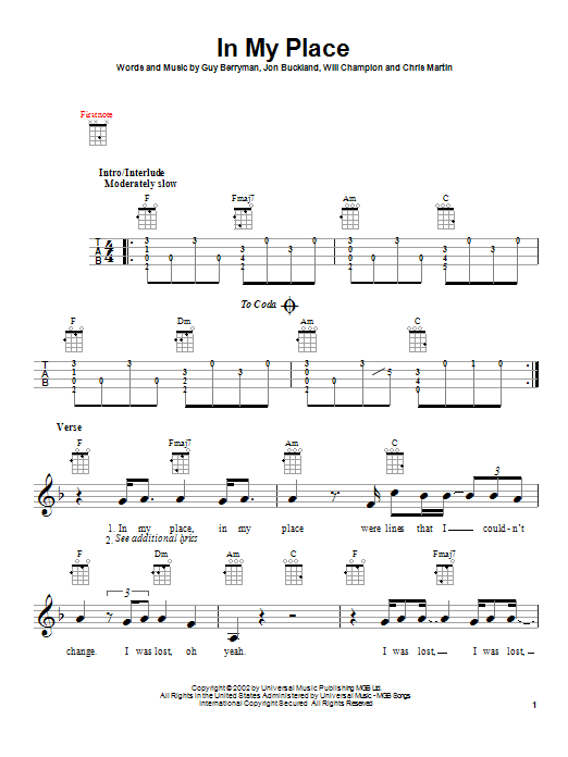 Learn to play Coldplay In My Place sheet music for Ukulele in minutes. Coldplay In My Place sheet music notes and chords. Download Printable PDF.