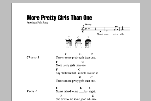 Learn to play Traditional American Folk Song More Pretty Girls Than One sheet music for Lyrics & Chords in minutes. Traditional American Folk Song More Pretty Girls Than One sheet music notes and chords. Download Printable PDF.