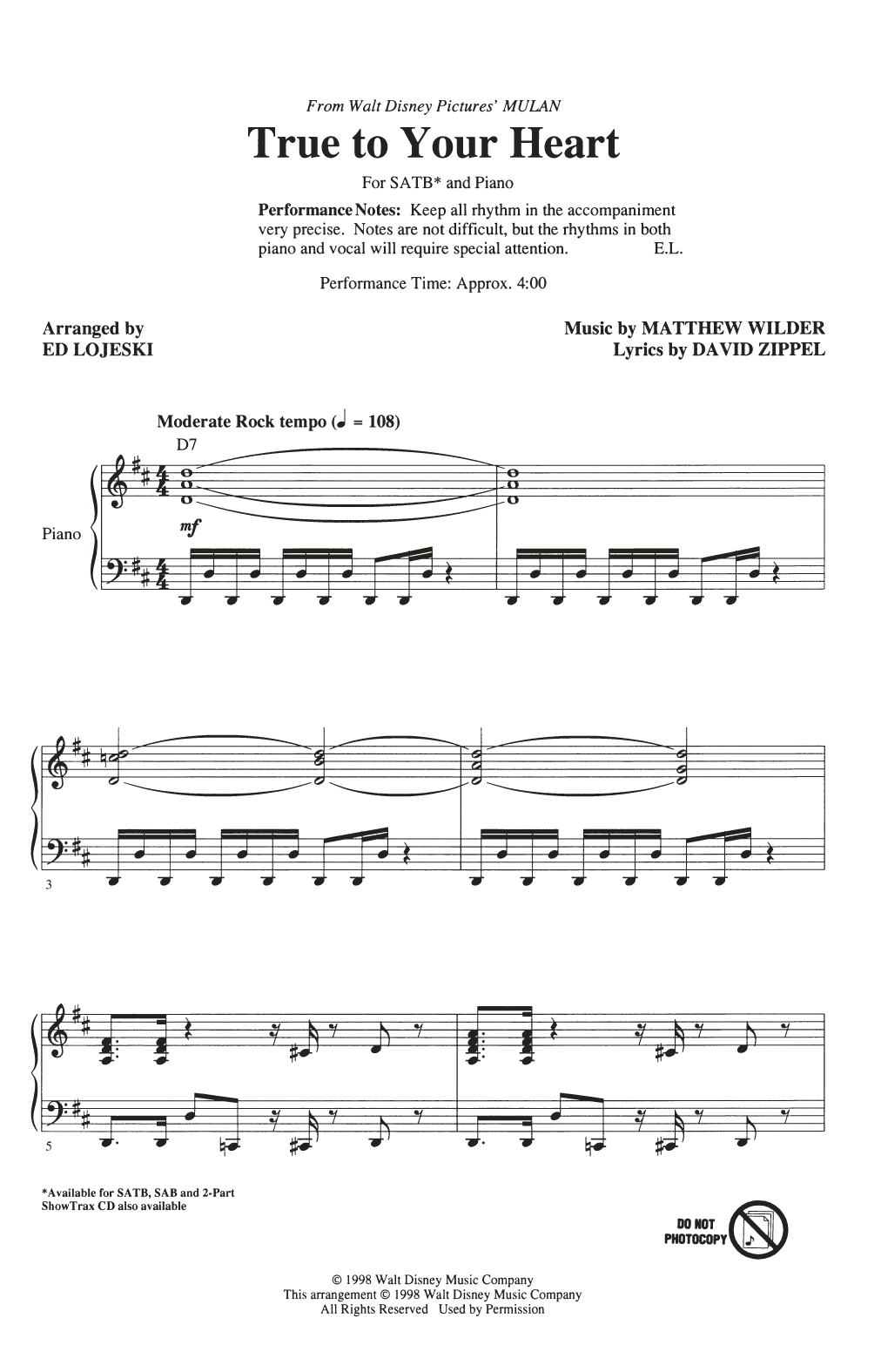 Download 98 Degrees & Stevie Wonder True To Your Heart (from Mulan) (arr. Ed Lojeski) Sheet Music and learn how to play SATB Choir PDF digital score in minutes