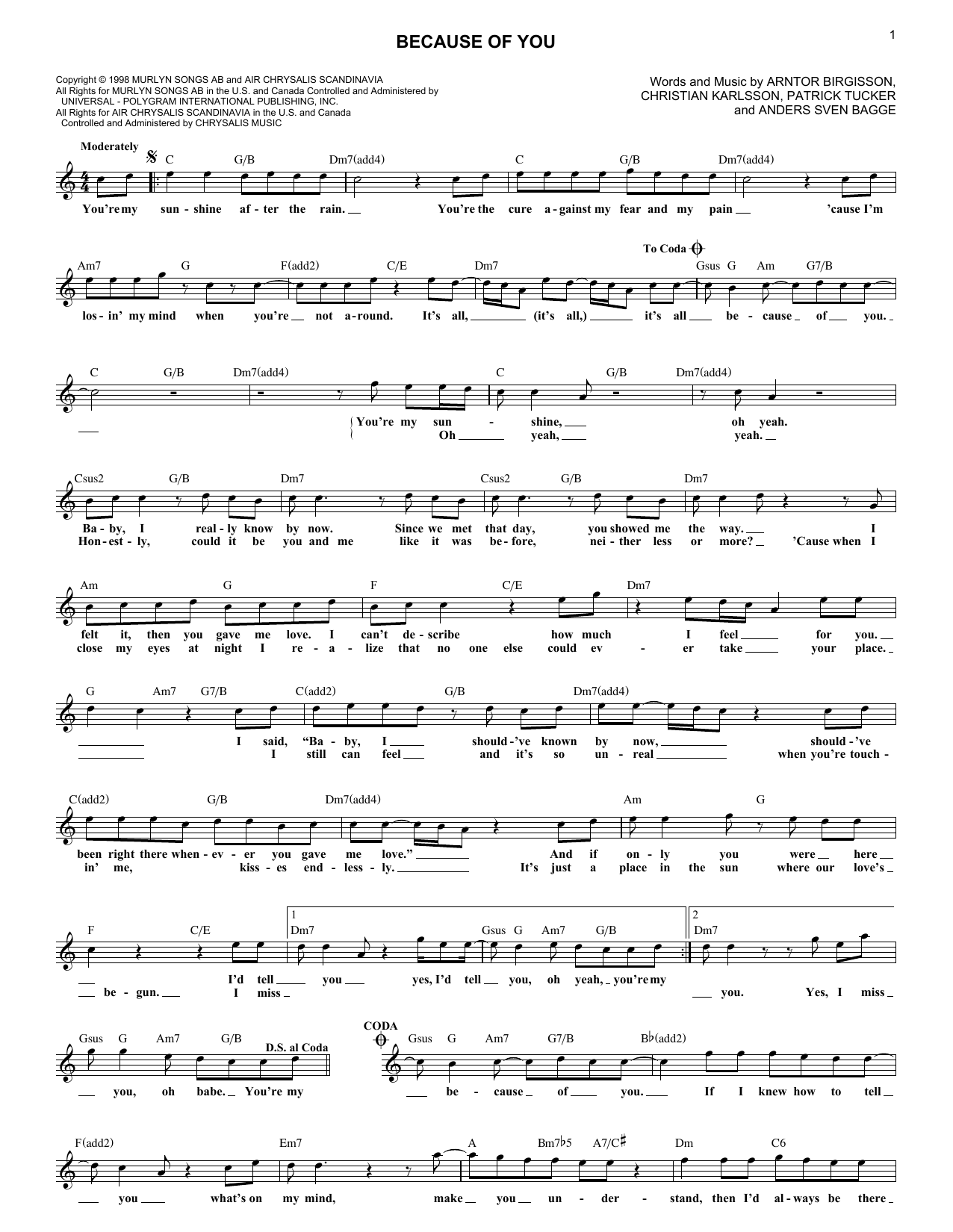 Download 98 Degrees Because Of You Sheet Music and learn how to play Melody Line, Lyrics & Chords PDF digital score in minutes