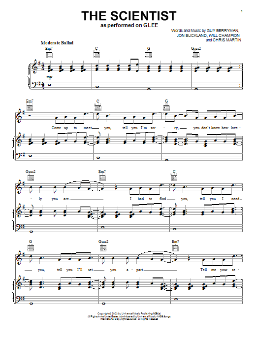 Learn to play Coldplay The Scientist sheet music for Piano, Vocal & Guitar (Right-Hand Melody) in minutes. Coldplay The Scientist sheet music notes and chords. Download Printable PDF.