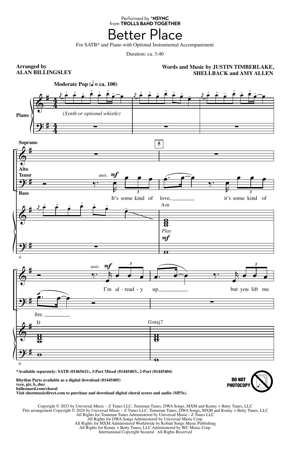 Download *NSYNC Better Place (arr. Alan Billingsley) Sheet Music and learn how to play 2-Part Choir PDF digital score in minutes