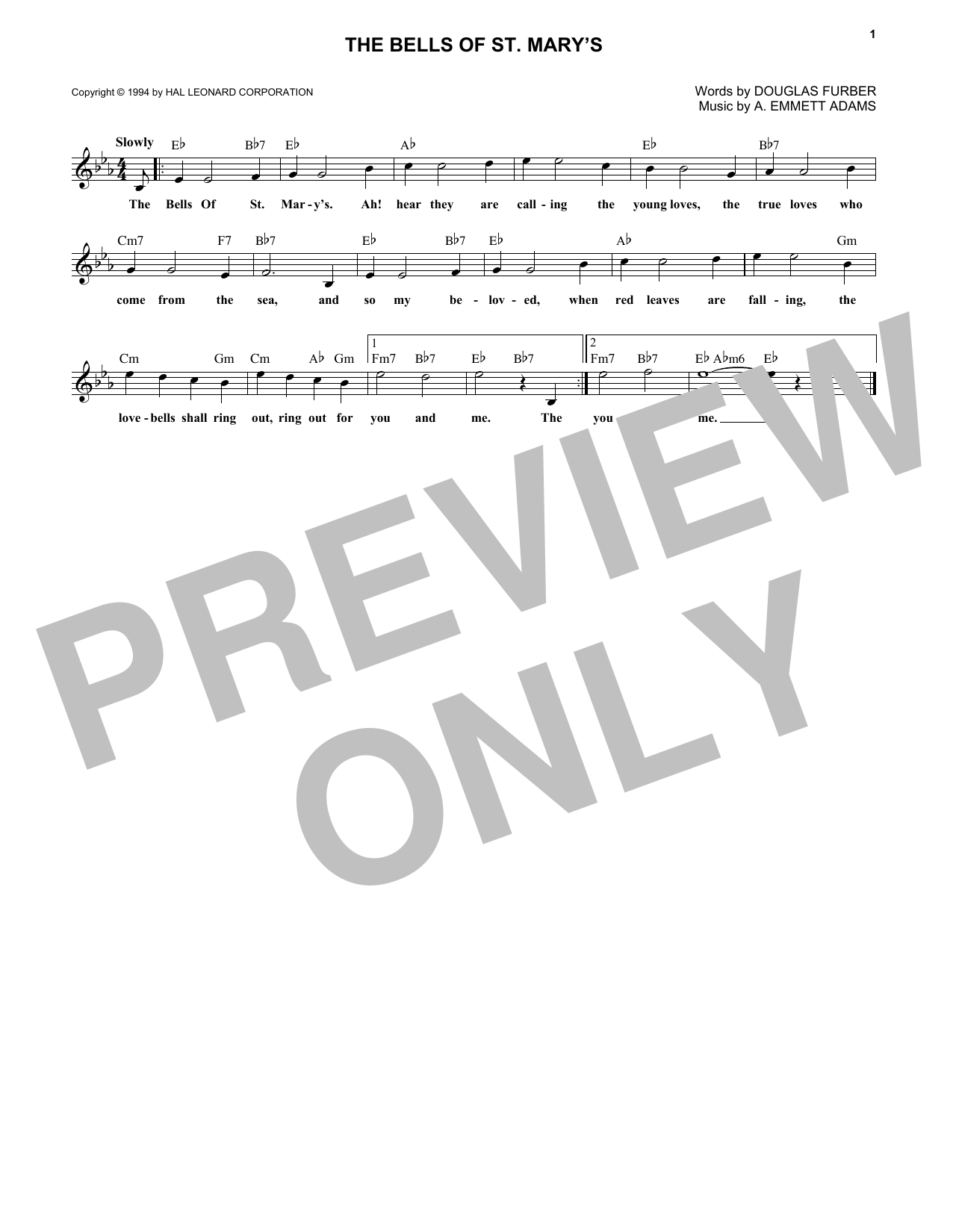Download A. Emmett Adams The Bells Of St. Mary's Sheet Music and learn how to play Melody Line, Lyrics & Chords PDF digital score in minutes
