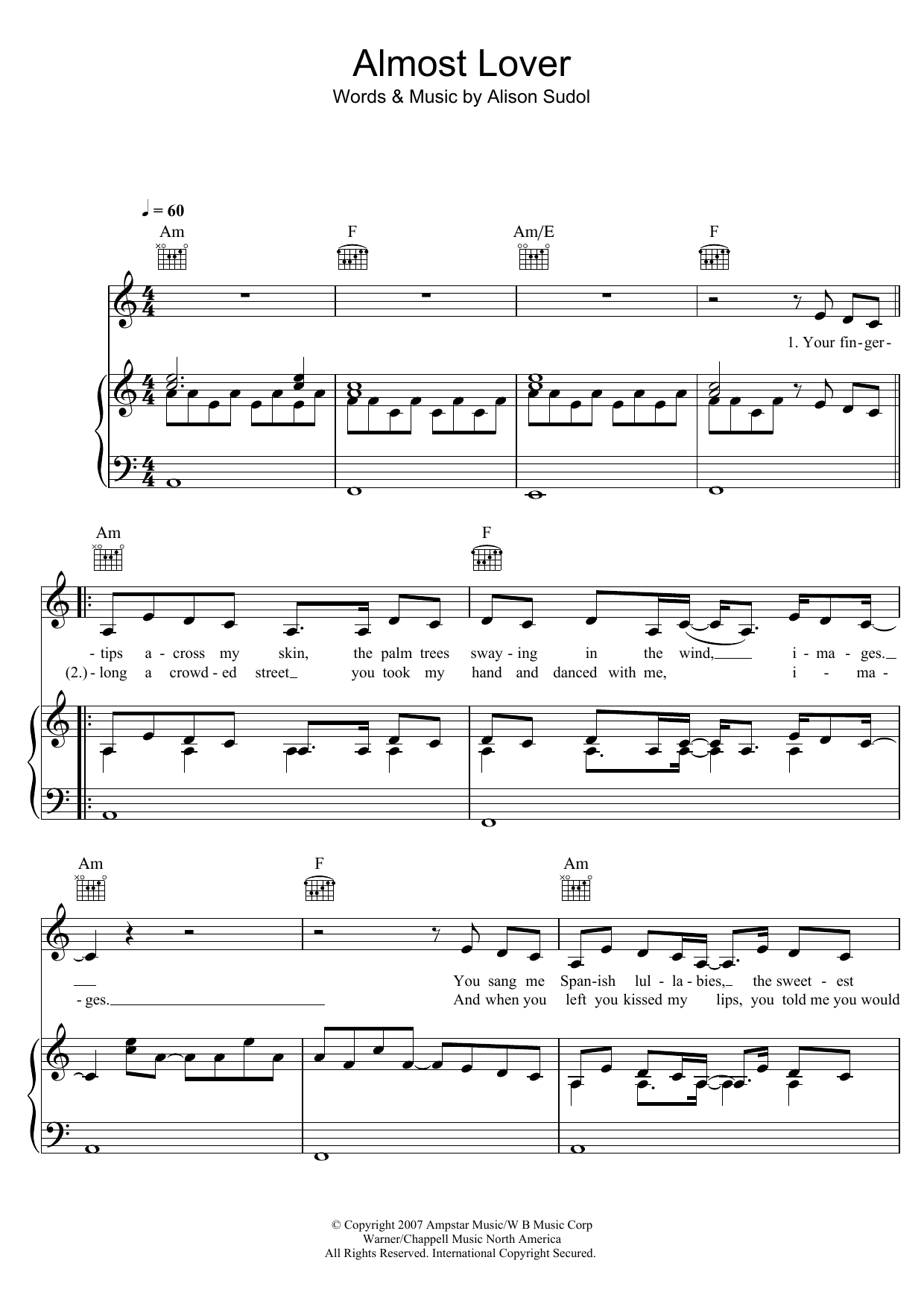 Download A Fine Frenzy Almost Lover Sheet Music and learn how to play Piano, Vocal & Guitar PDF digital score in minutes