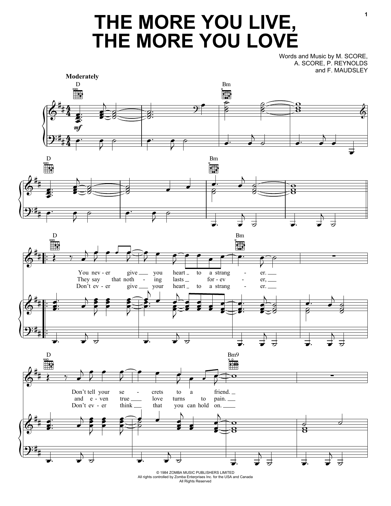 Download A Flock Of Seagulls The More You Live, The More You Love Sheet Music and learn how to play Piano, Vocal & Guitar Chords (Right-Hand Melody) PDF digital score in minutes