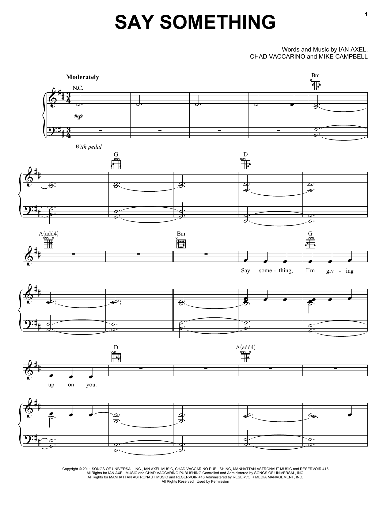 Download A Great Big World and Christina Aguilera Say Something Sheet Music and learn how to play Piano, Vocal & Guitar (Right-Hand Melody) PDF digital score in minutes