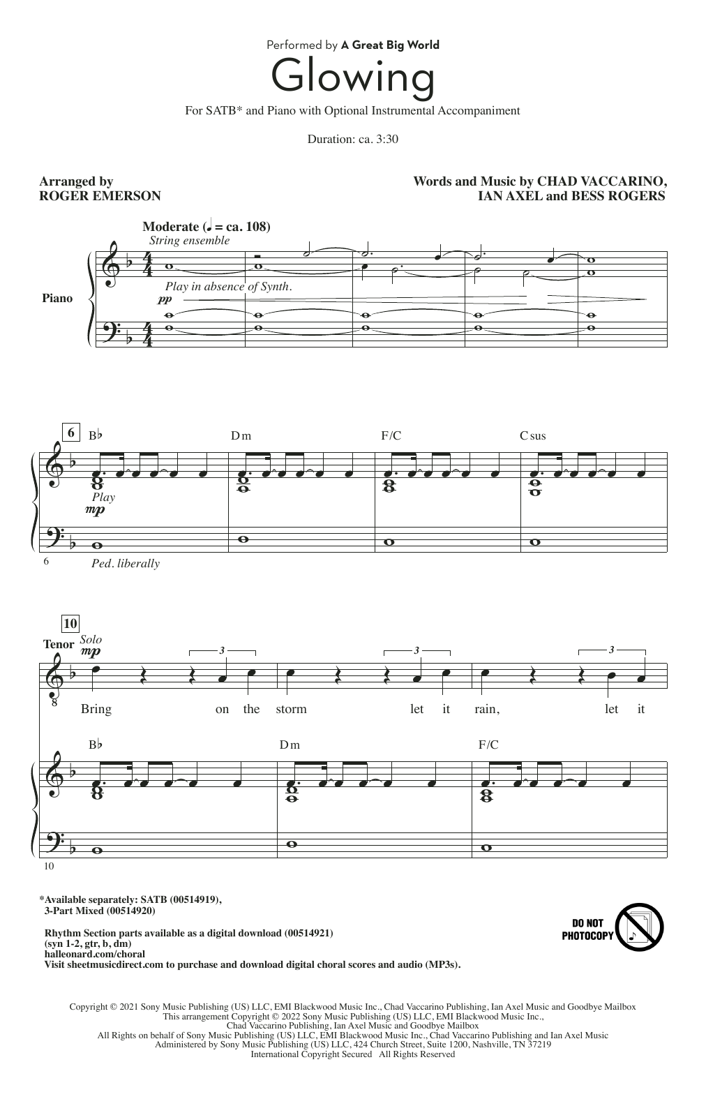 Download A Great Big World Glowing (arr. Roger Emerson) Sheet Music and learn how to play 3-Part Mixed Choir PDF digital score in minutes