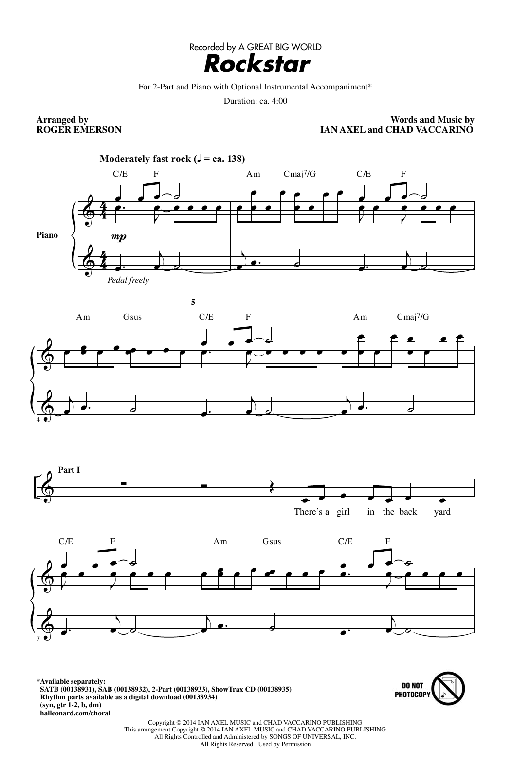 Download A Great Big World Rockstar (arr. Roger Emerson) Sheet Music and learn how to play SATB PDF digital score in minutes