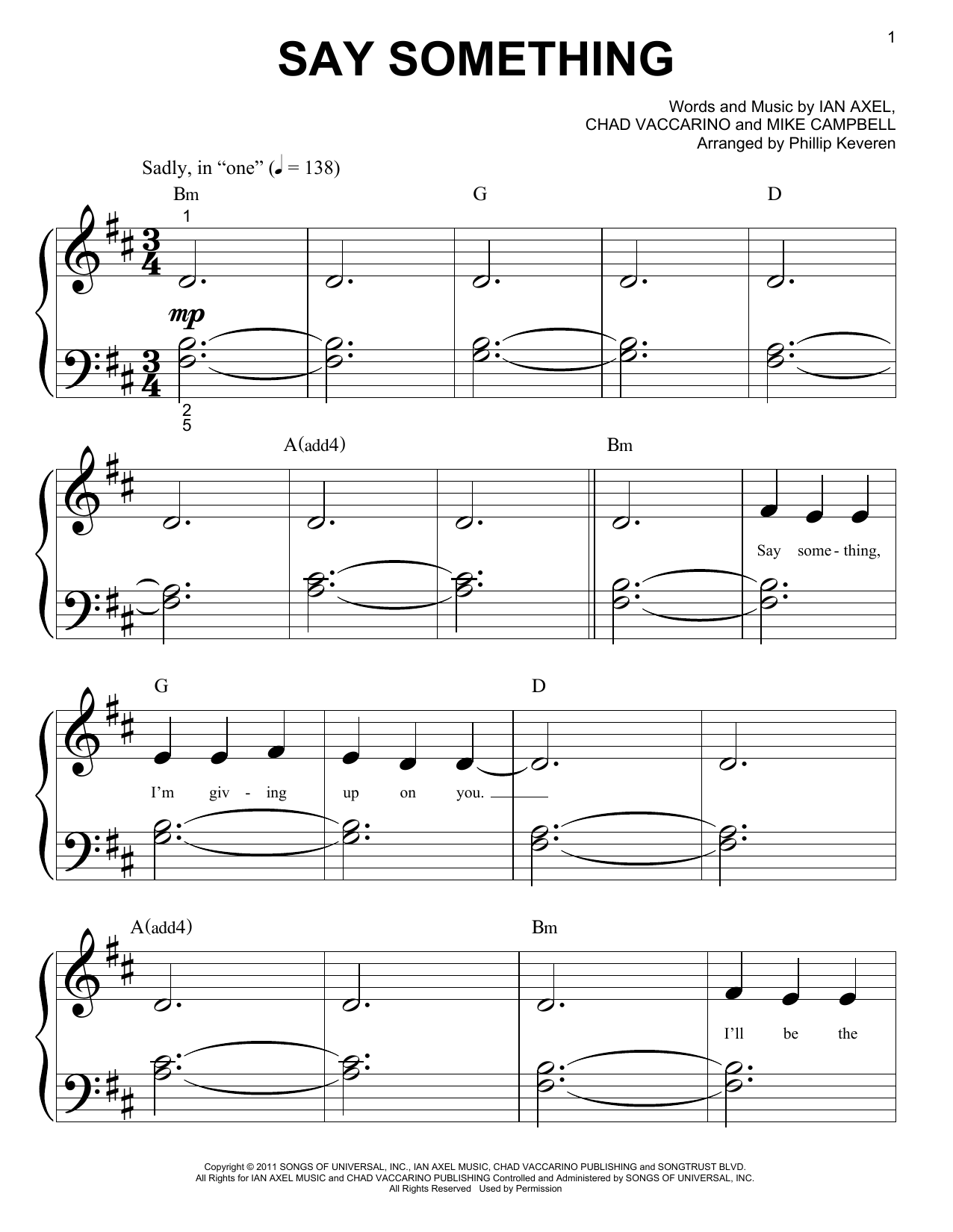 Download A Great Big World and Christina Aguilera Say Something Sheet Music and learn how to play Piano (Big Notes) PDF digital score in minutes