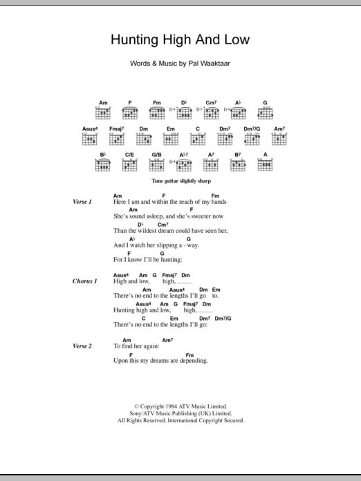 Download A-Ha Hunting High And Low Sheet Music and learn how to play Lyrics & Chords PDF digital score in minutes