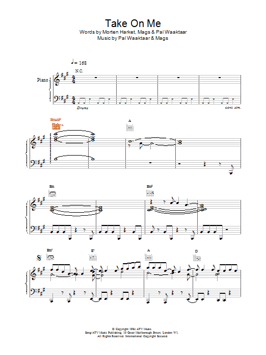 Download a-ha Take On Me Sheet Music and learn how to play Melody Line, Lyrics & Chords PDF digital score in minutes