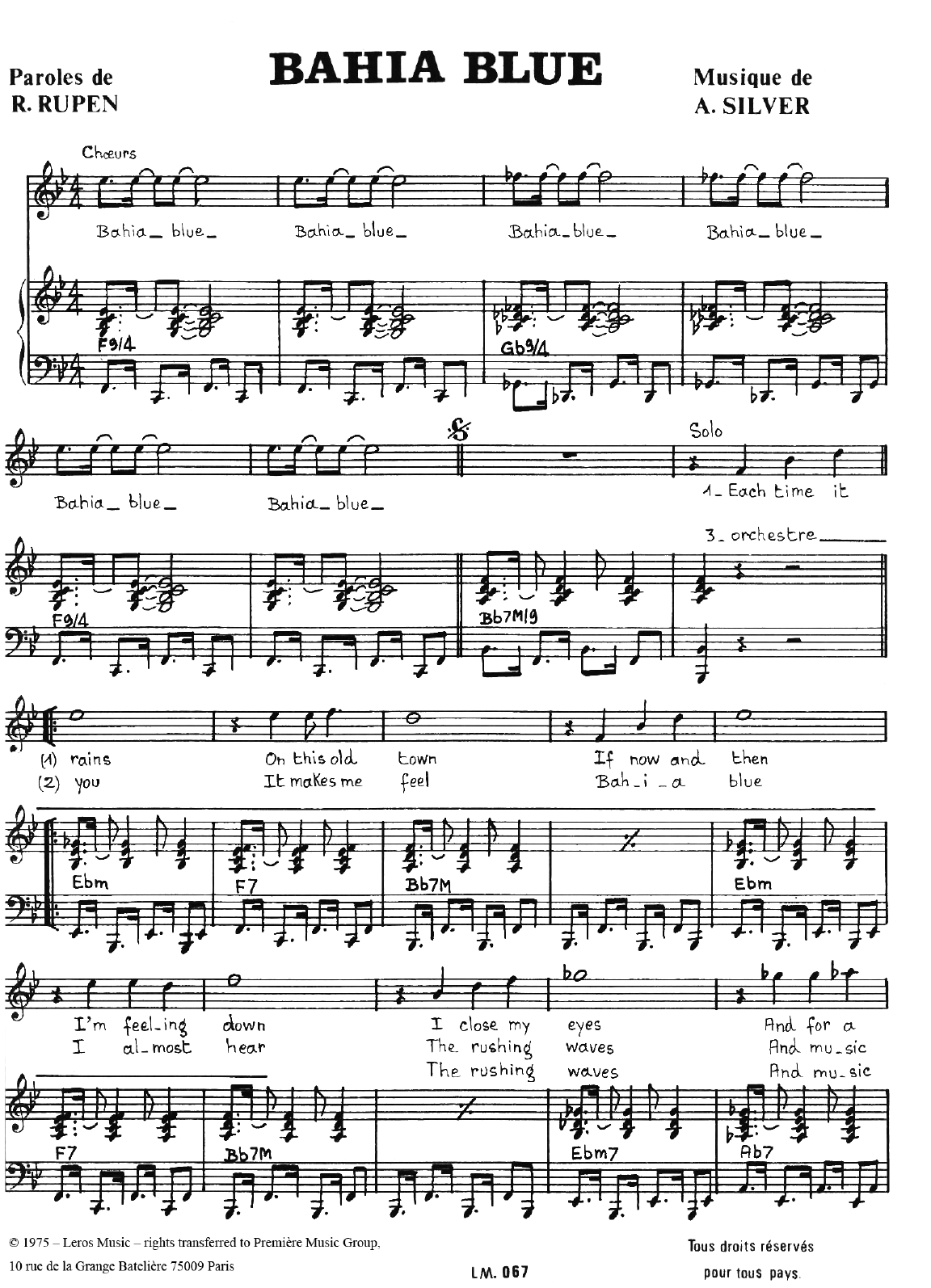 Download A Koulouris Bahia Blue Sheet Music and learn how to play Piano & Vocal PDF digital score in minutes