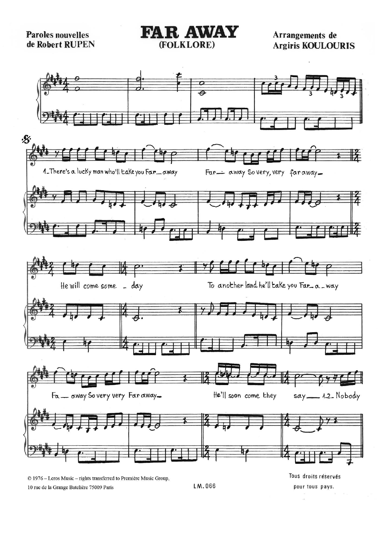 Download A Koulouris Far Away Sheet Music and learn how to play Piano & Vocal PDF digital score in minutes