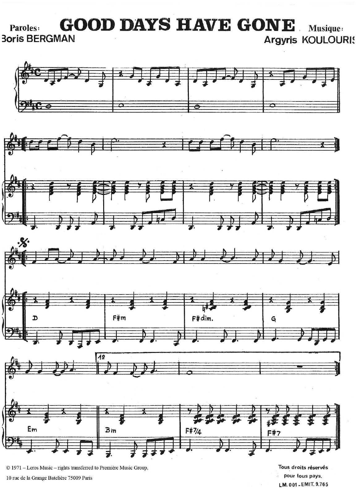 Download A Koulouris Good Days Have Gone Sheet Music and learn how to play Piano, Vocal & Guitar (Right-Hand Melody) PDF digital score in minutes