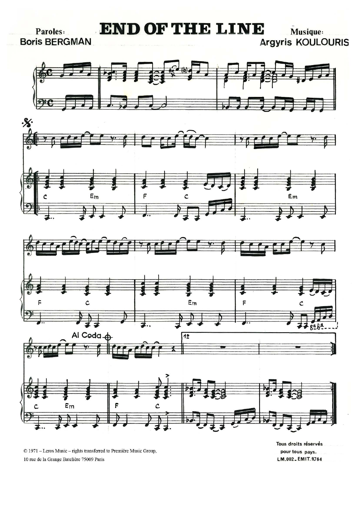 Download A Koulouris The End Of The Line Sheet Music and learn how to play Piano & Vocal PDF digital score in minutes