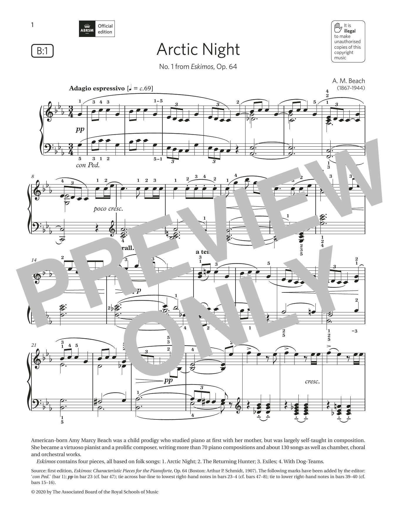 Download A. M. Beach Arctic Night (Grade 5, list B1, from the ABRSM Piano Syllabus 2021 & 2022) Sheet Music and learn how to play Piano Solo PDF digital score in minutes