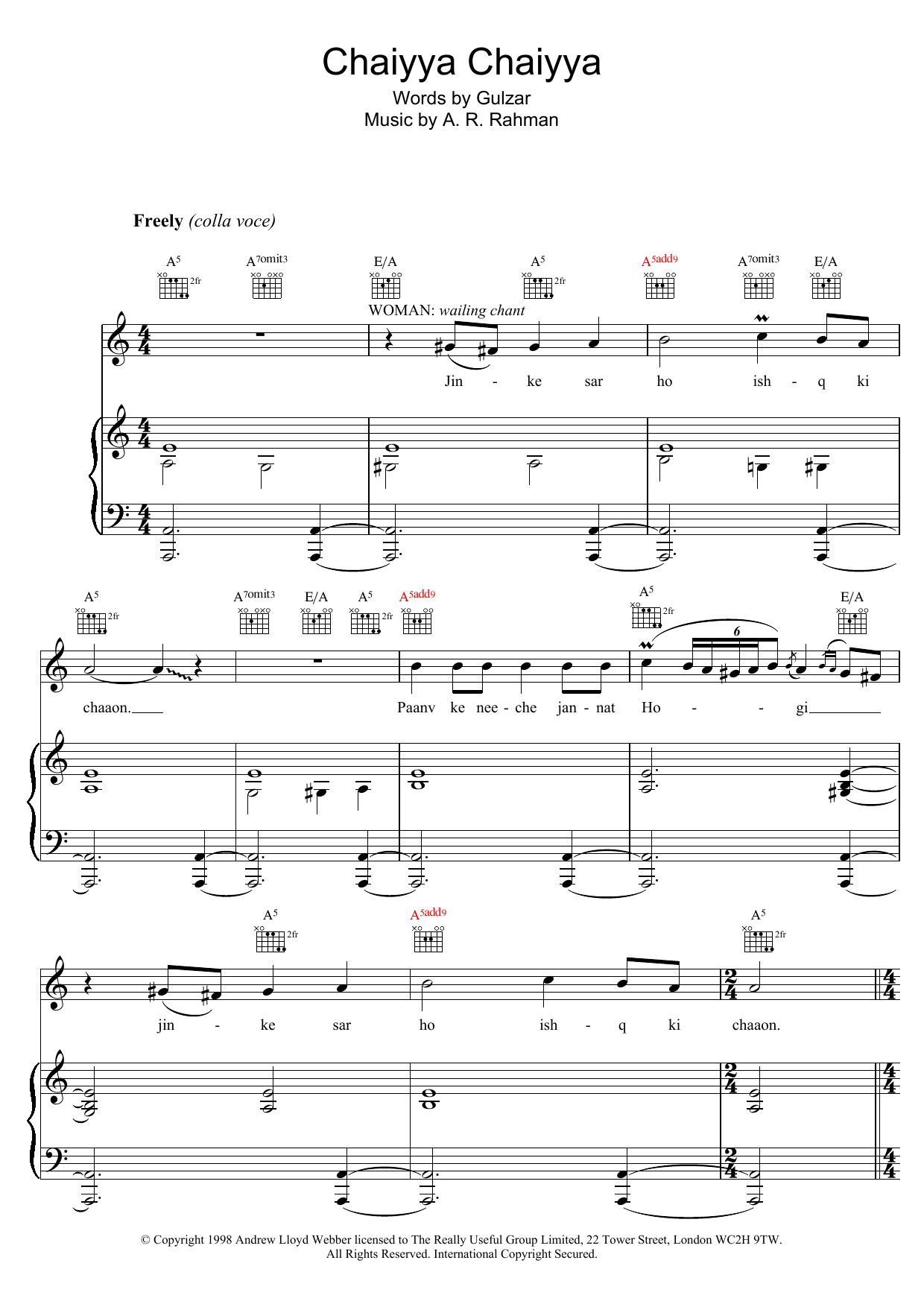 Download A. R. Rahman Chaiyya Chaiyya Sheet Music and learn how to play Piano, Vocal & Guitar PDF digital score in minutes