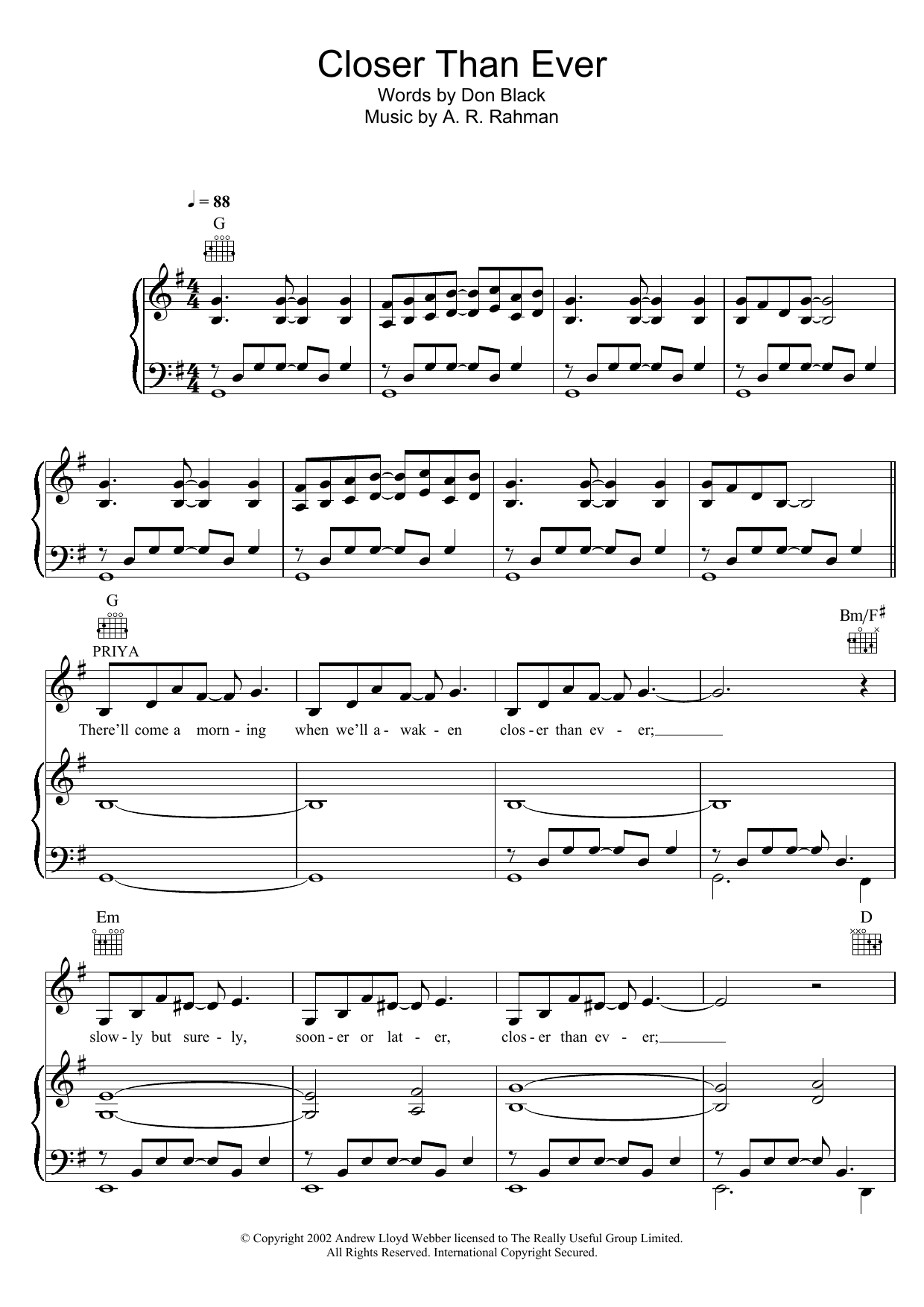Download A. R. Rahman Closer Than Ever Sheet Music and learn how to play Piano, Vocal & Guitar PDF digital score in minutes
