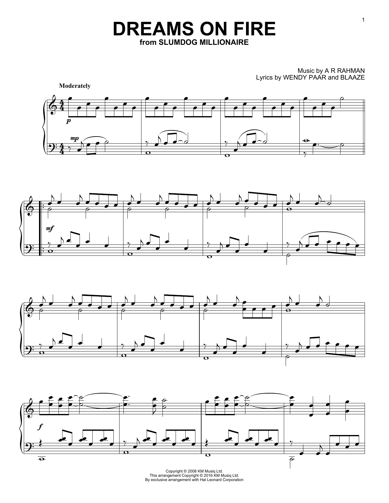 Download A. R. Rahman Dreams On Fire Sheet Music and learn how to play Piano PDF digital score in minutes