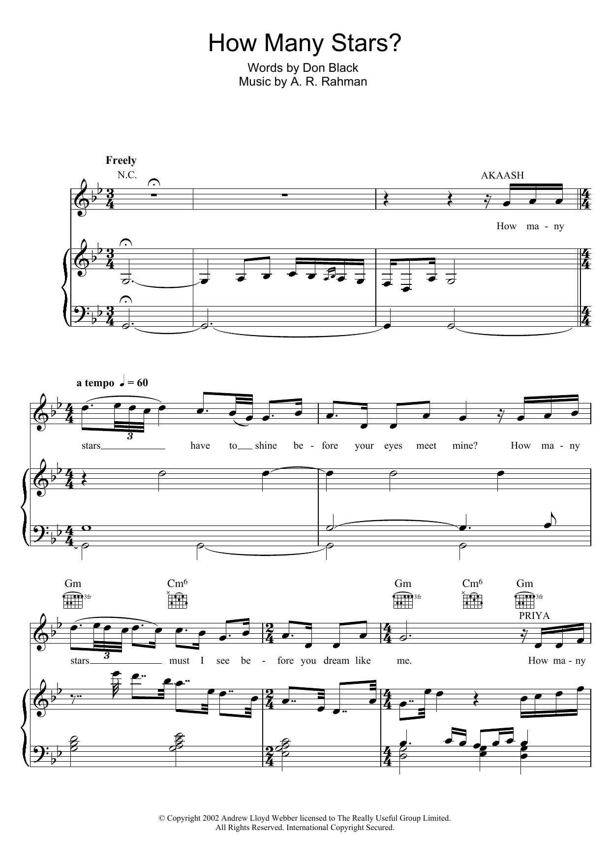 Download A.R. Rahman How Many Stars? Sheet Music and learn how to play Piano, Vocal & Guitar PDF digital score in minutes
