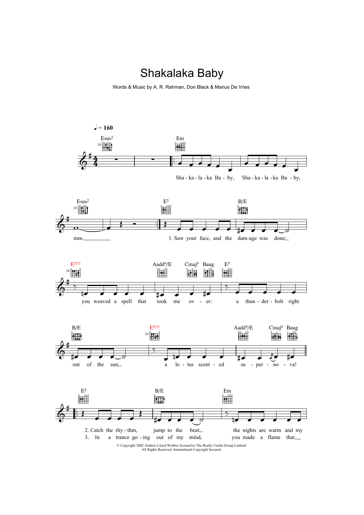 Download A.R. Rahman Shakalaka Baby (from Bombay Dreams) Sheet Music and learn how to play Melody Line, Lyrics & Chords PDF digital score in minutes