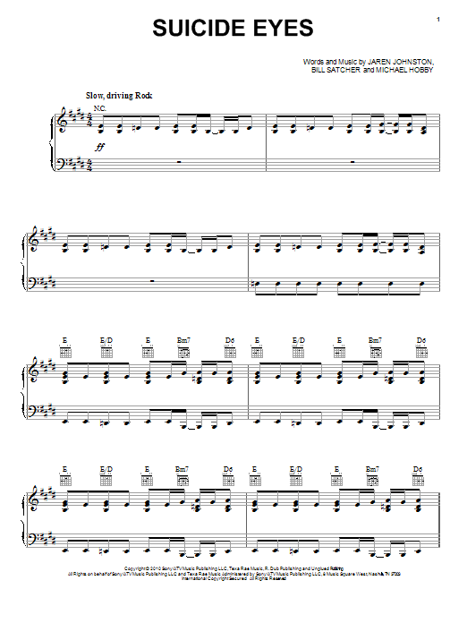Download A Thousand Horses Suicide Eyes Sheet Music and learn how to play Piano, Vocal & Guitar (Right-Hand Melody) PDF digital score in minutes