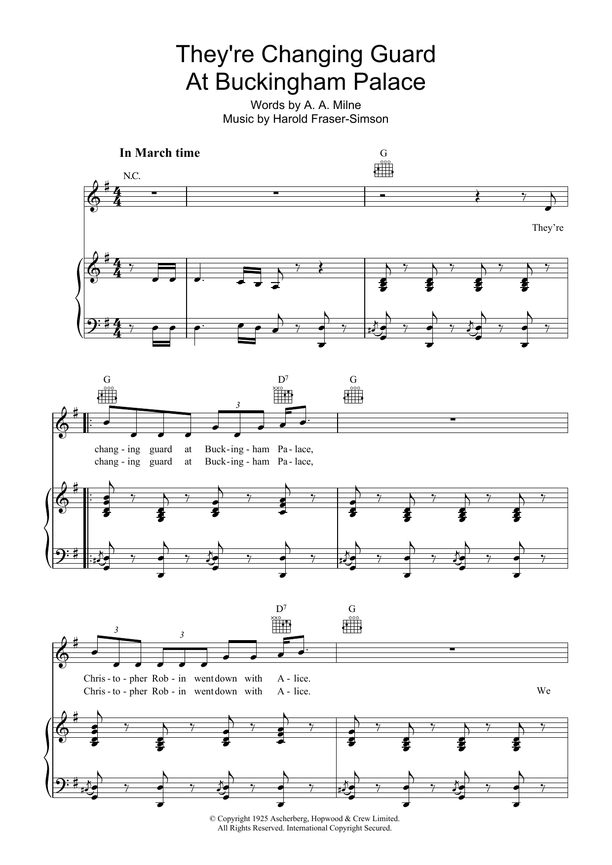 Download A.A. Milne They're Changing Guard At Buckingham Palace Sheet Music and learn how to play Piano, Vocal & Guitar PDF digital score in minutes