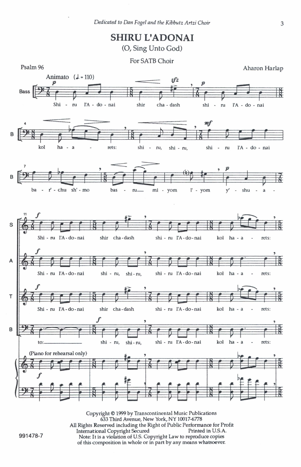 Download Aahron Harlap Shiru L'adonai (O Sing Unto God) Sheet Music and learn how to play SATB Choir PDF digital score in minutes