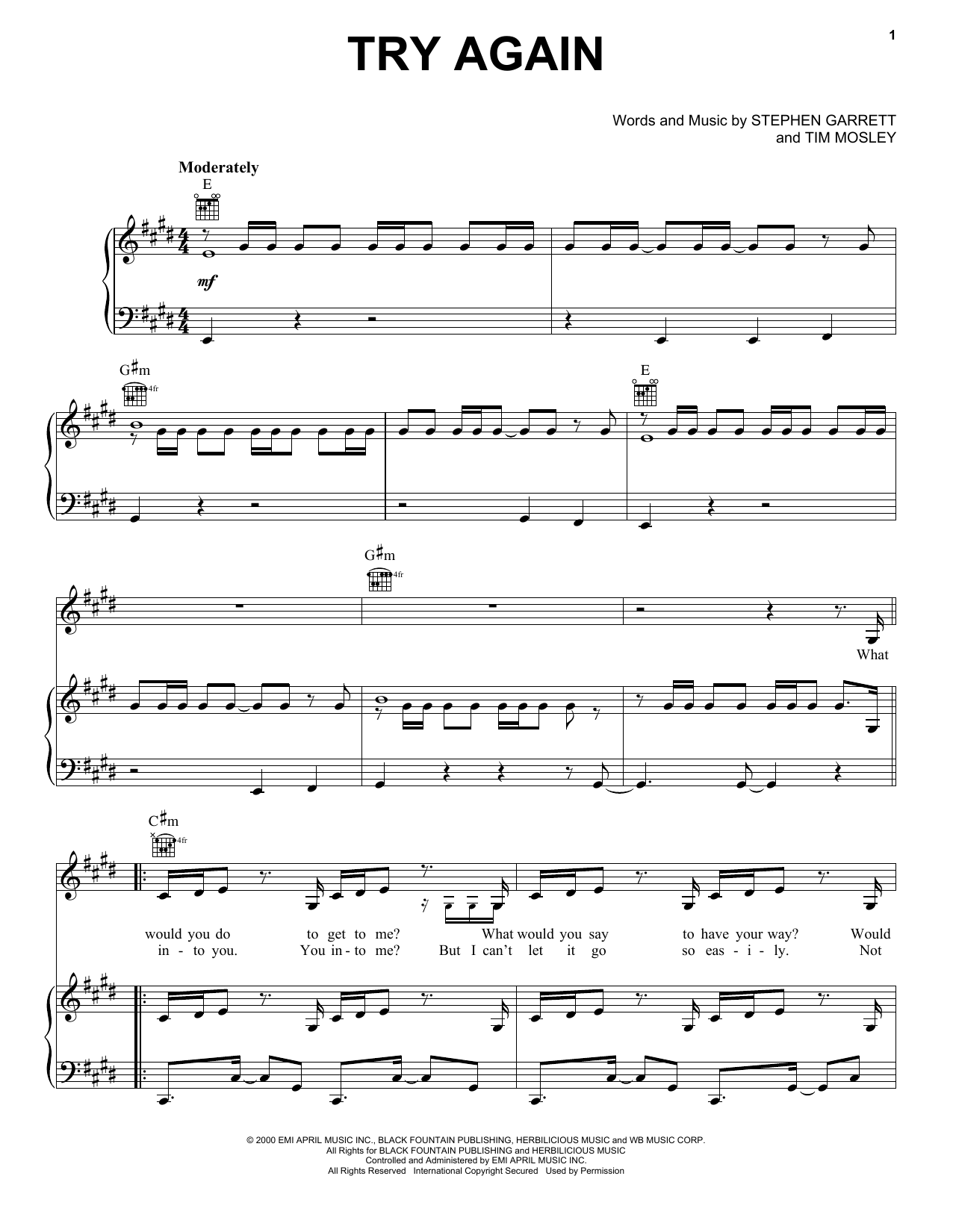 Download Aaliyah Try Again Sheet Music and learn how to play Piano, Vocal & Guitar (Right-Hand Melody) PDF digital score in minutes