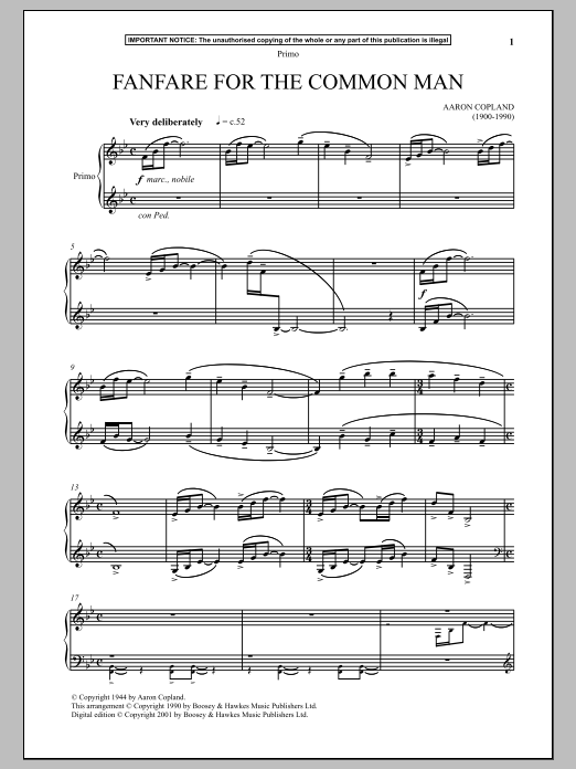 Download Aaron Copland Fanfare For The Common Man Sheet Music and learn how to play Piano Duet PDF digital score in minutes