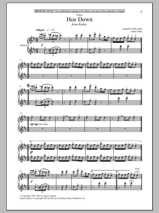 Download Aaron Copland Hoe Down (from Rodeo) Sheet Music and learn how to play Piano Duet PDF digital score in minutes