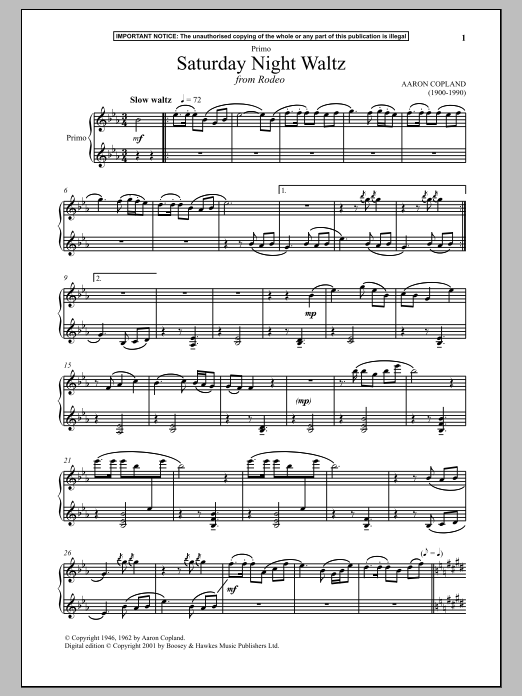 Download Aaron Copland Saturday Night Waltz (from Rodeo) Sheet Music and learn how to play Piano Duet PDF digital score in minutes