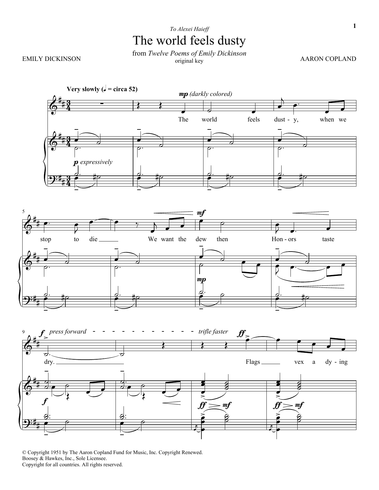 Download Aaron Copland The World Feels Dusty Sheet Music and learn how to play Piano & Vocal PDF digital score in minutes