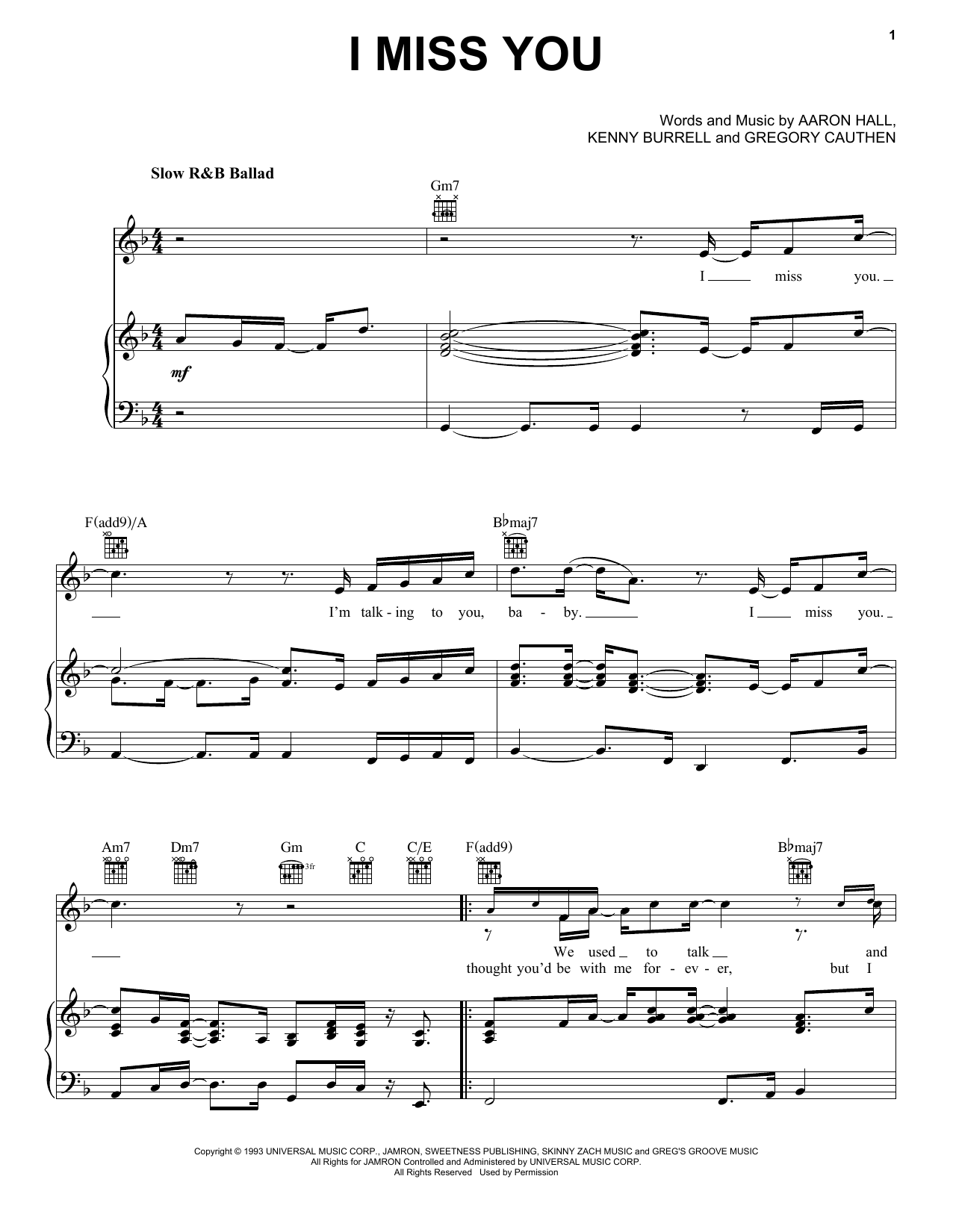 Download Aaron Hall I Miss You Sheet Music and learn how to play Piano, Vocal & Guitar Chords (Right-Hand Melody) PDF digital score in minutes