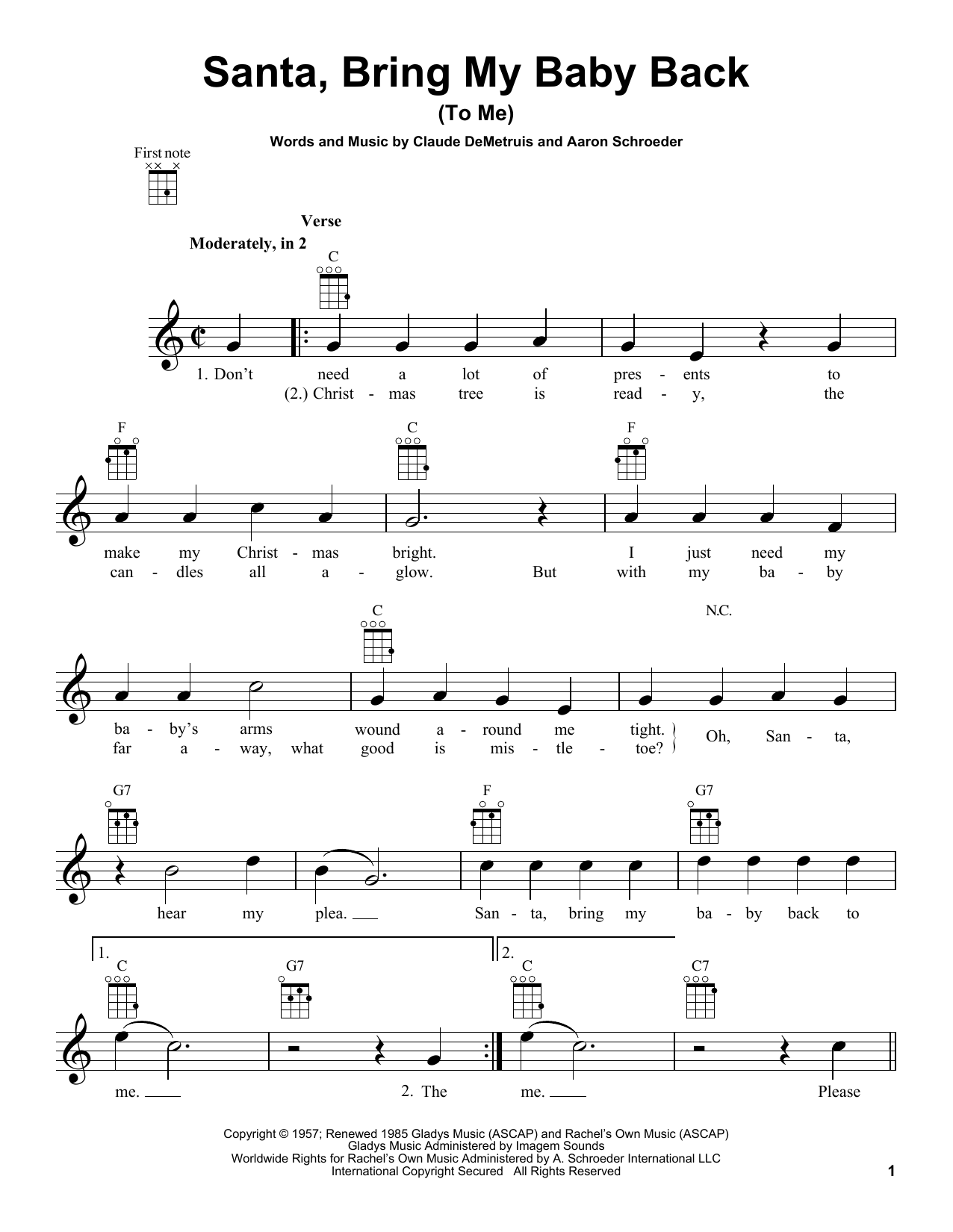 Download Aaron Schroeder Santa, Bring My Baby Back (To Me) Sheet Music and learn how to play Ukulele PDF digital score in minutes