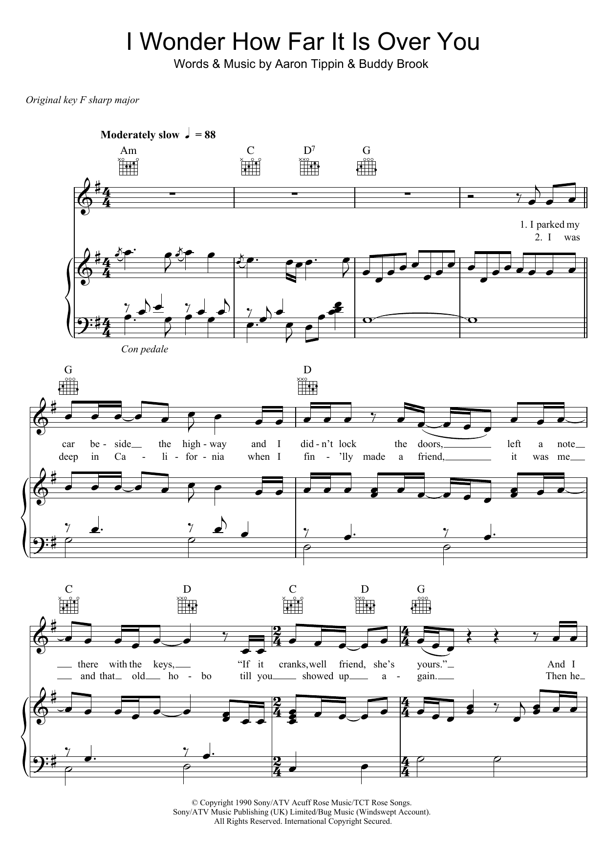 Download Aaron Tippin I Wonder How Far It Is Over You Sheet Music and learn how to play Piano, Vocal & Guitar (Right-Hand Melody) PDF digital score in minutes