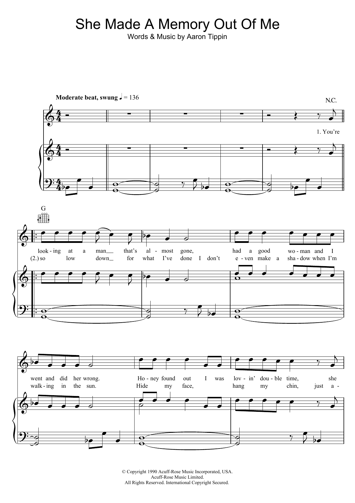 Download Aaron Tippin She Made A Memory Out Of Me Sheet Music and learn how to play Piano, Vocal & Guitar (Right-Hand Melody) PDF digital score in minutes