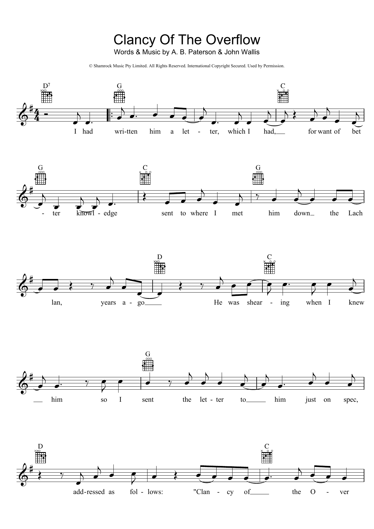 Download A.B. 'Banjo' Paterson Clancy Of The Overflow Sheet Music and learn how to play Melody Line, Lyrics & Chords PDF digital score in minutes