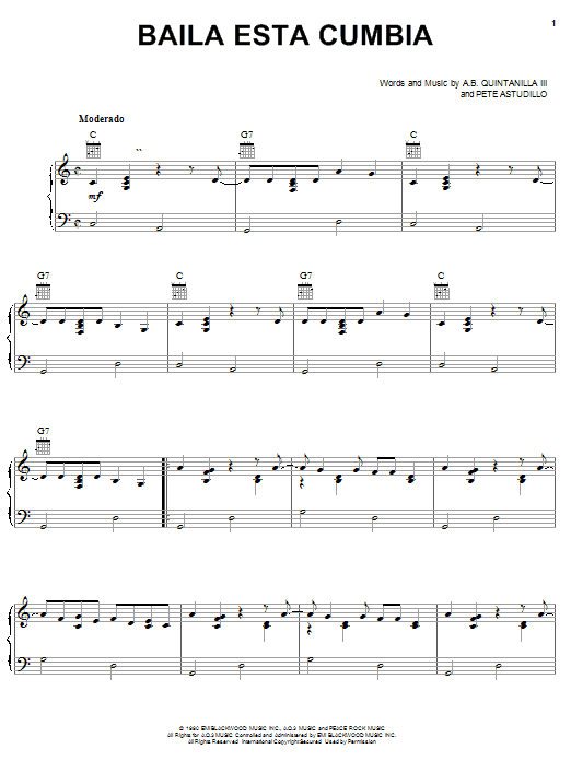 Download A.B. Quintanilla III Baila Esta Cumbia Sheet Music and learn how to play Piano, Vocal & Guitar (Right-Hand Melody) PDF digital score in minutes